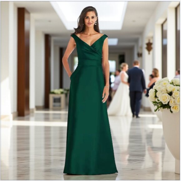 Alfred Sung Off-the-Shoulder Draped Wrap Satin Maxi Dress, Hunter Green Size 14 - Picture 3 of 7